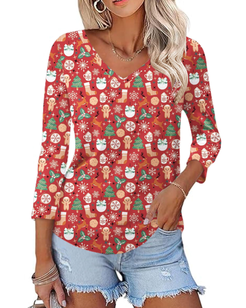 Camila Top Donna – Blusa con escote en V, mangas 3/4 y estampado floral