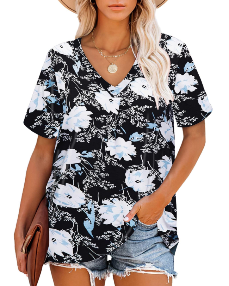 Camiseta Grace para mujer – Top con escote en V, mangas a rayas y ajuste holgado