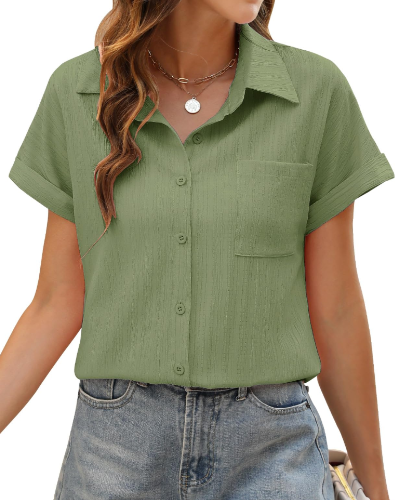 Freya Blusa Donna – Camisa de verano con botones, cuello en V, mangas remangadas y bolsillo