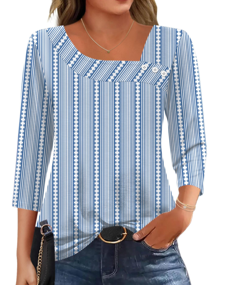 Elisa Blusa Mujer – Top Asimétrico con Mangas 3/4, Botones y Tejido Elástico