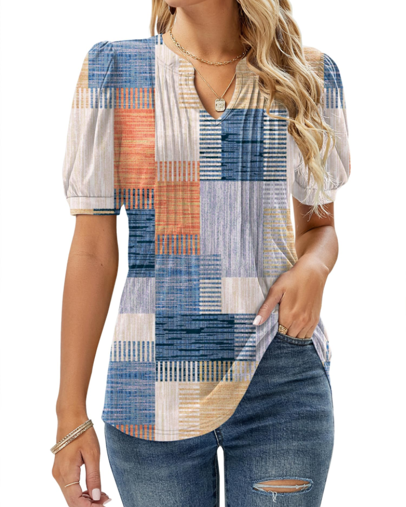 Hazel Top Donna – Blusa túnica floral con escote en V, mangas abullonadas y pliegues