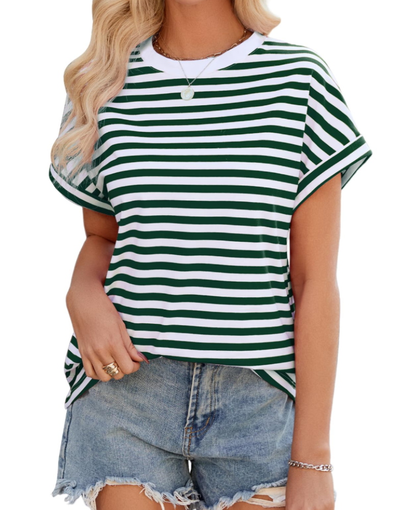 Camiseta Lily para mujer – Top oversize de algodón a rayas con cuello redondo y mangas cortas
