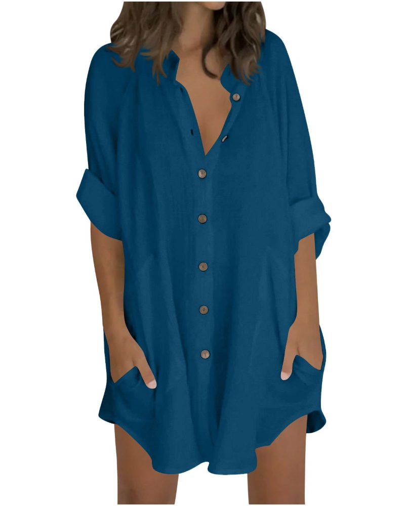 Emma Blusa Mujer – Camisa Oversize de Algodón y Lino con Mangas 3/4 y Botones