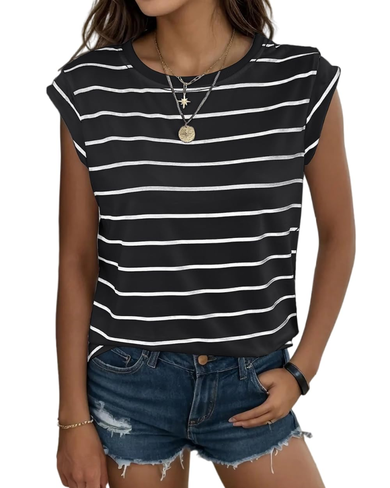 Camiseta Hannah para mujer – Top de rayas con cuello redondo, mangas con volante y ajuste holgado