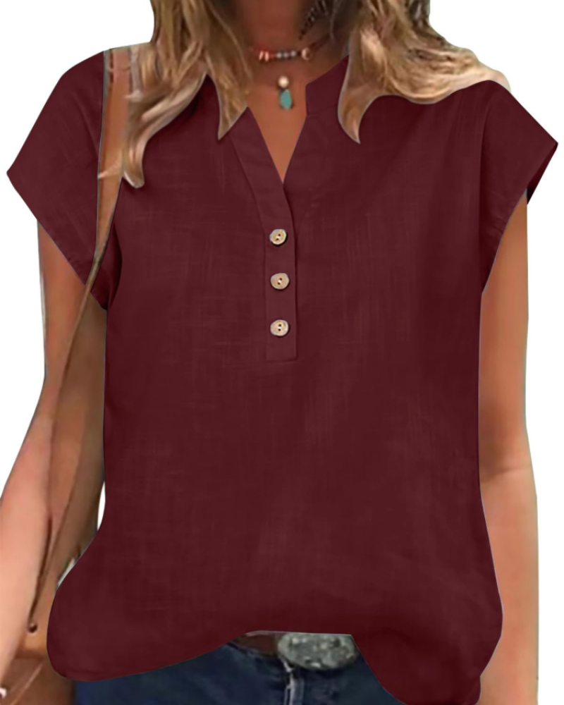 Blusa Julia para mujer – Top de algodón y lino con escote en V, mangas cortas y ajuste holgado