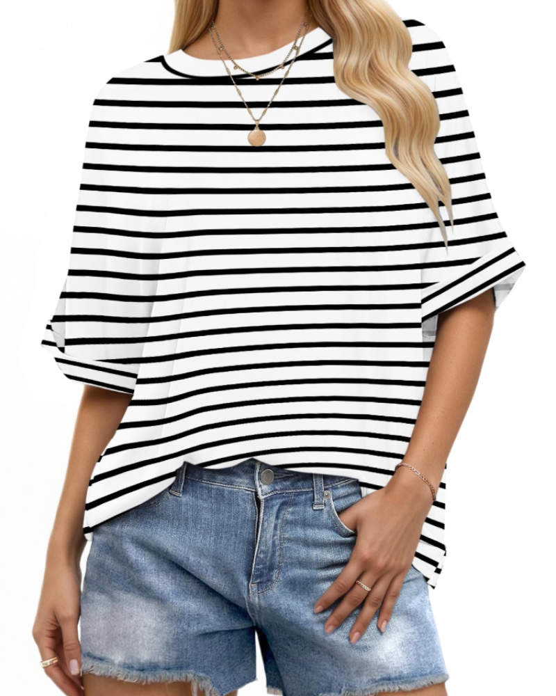 T-shirt Aubrey pour femme – Top oversize avec col rond, manches retroussées et coupe ample