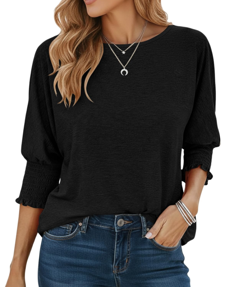 Camiseta Bianca para mujer – Top con cuello redondo, mangas 3/4 y puños fruncidos