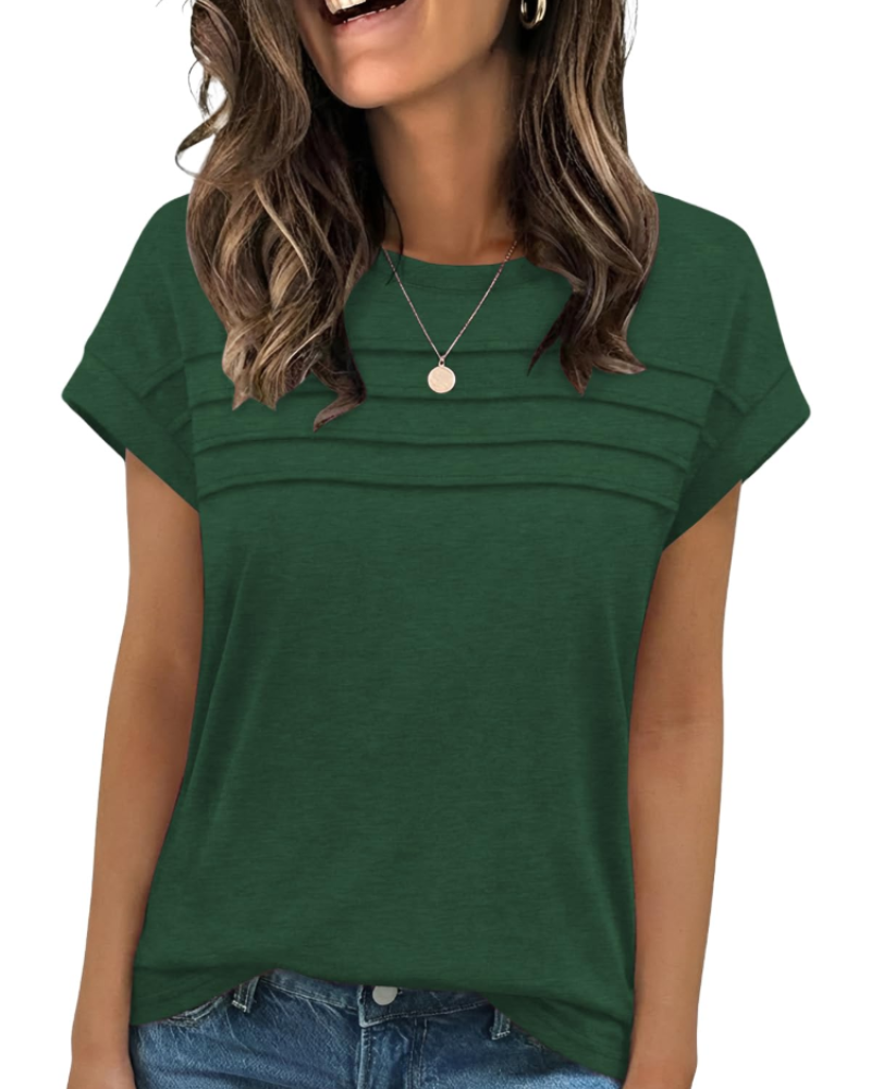Nora T-Shirt Donna – Top con Girocollo, Pieghe Decorative & Maniche Corte