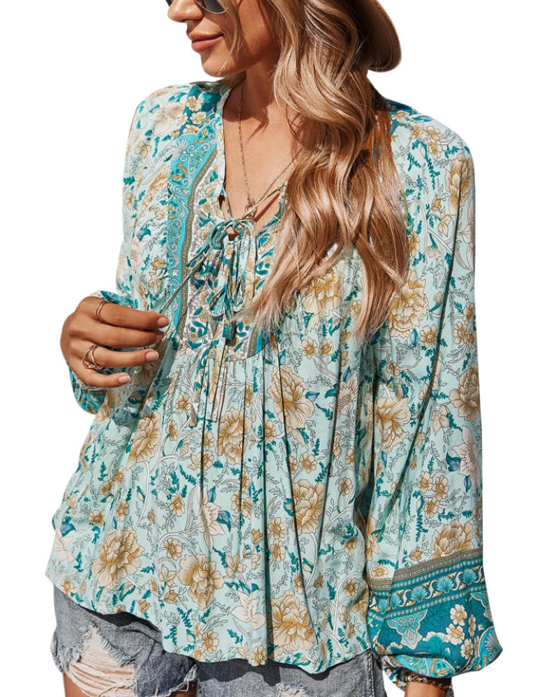 Diana Blusa Donna – Top bohemio floral de viscosa con escote en V y mangas abullonadas