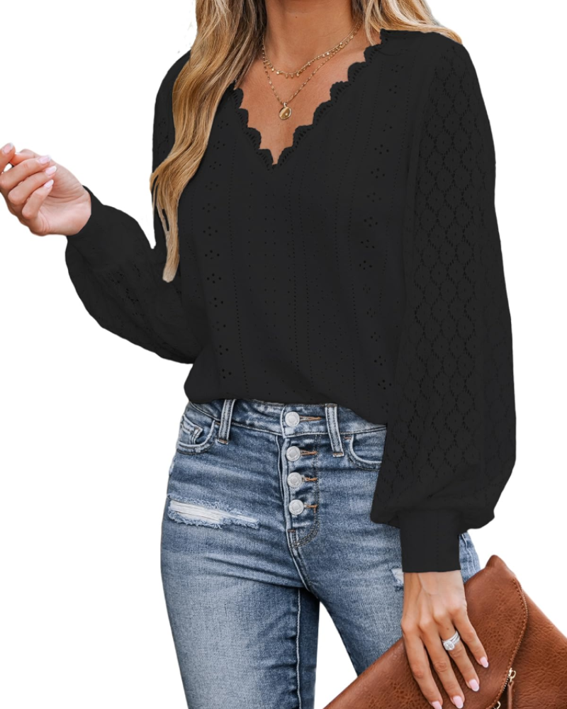 Victoria Blusa Donna – Top in Pizzo con Scollo a V, Maniche Lunghe & Dettagli Cut-Out