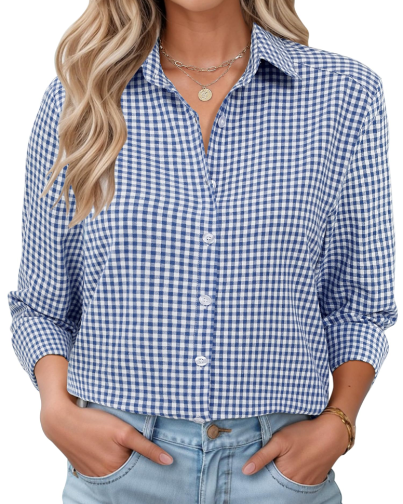 Sophie Camicia Donna – Blusa in Cotone a Quadri con Bottoni, Colletto & Maniche Arrotolabili