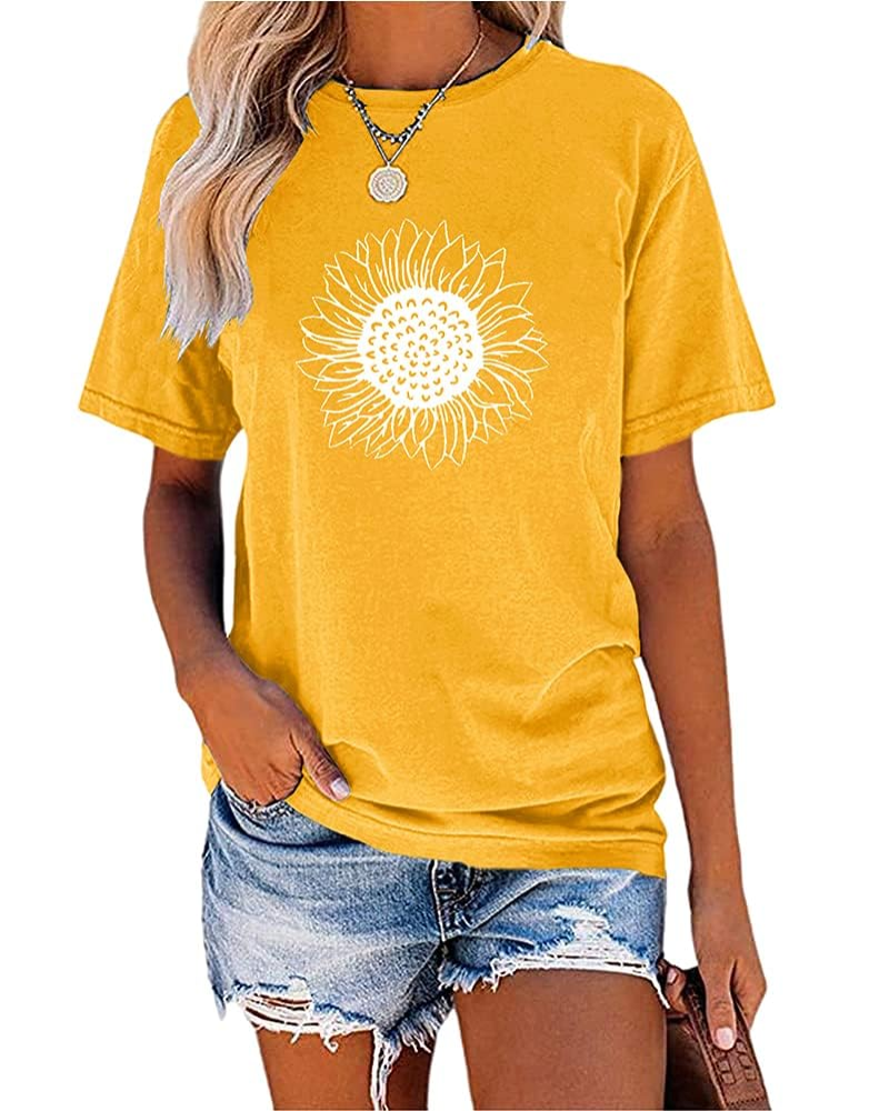 Maya T-Shirt Donna – Top Vintage con Stampa Girasole, Girocollo & Maniche Arrotolate