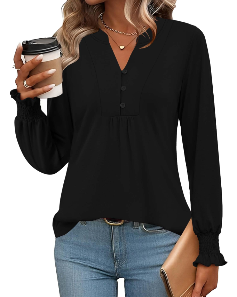 Freya Blusa Donna – Top floral con escote en V, mangas largas y dobladillo plisado