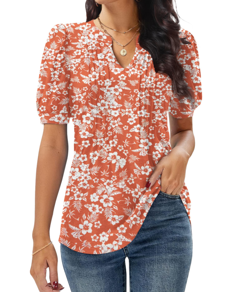 T-shirt Anna pour femme – Top d'été avec col en V, manches bouffantes et plis décoratifs