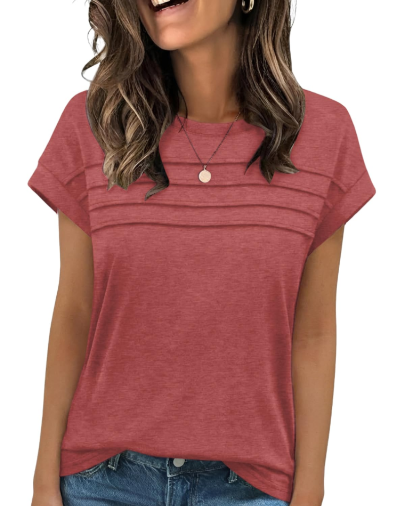 Nora T-Shirt Donna – Top con Girocollo, Pieghe Decorative & Maniche Corte