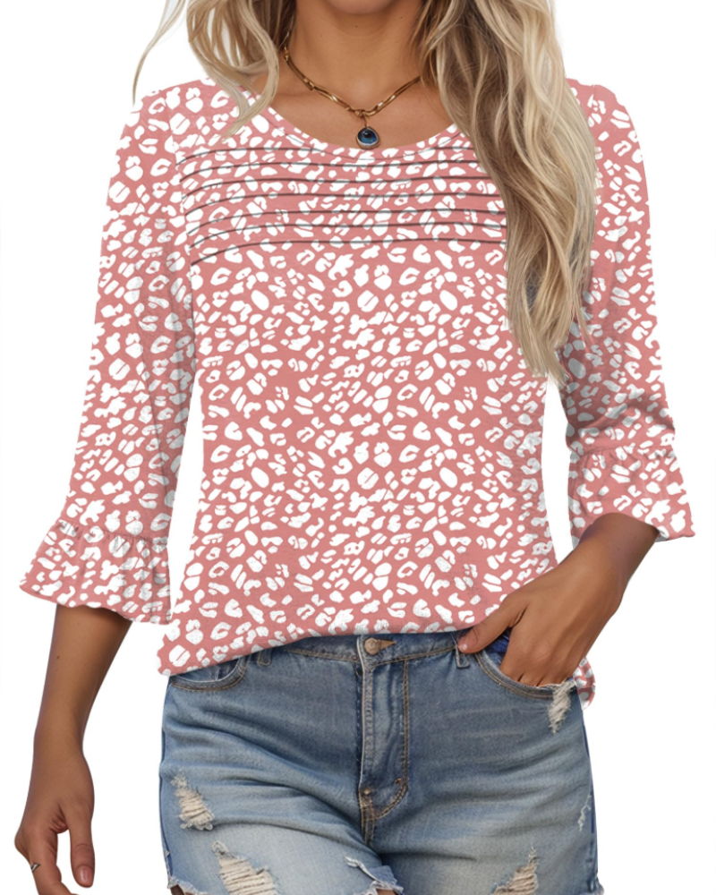 Clara Blusa Donna – Top túnica con mangas 3/4 con volantes, cuello redondo y pliegues frontales