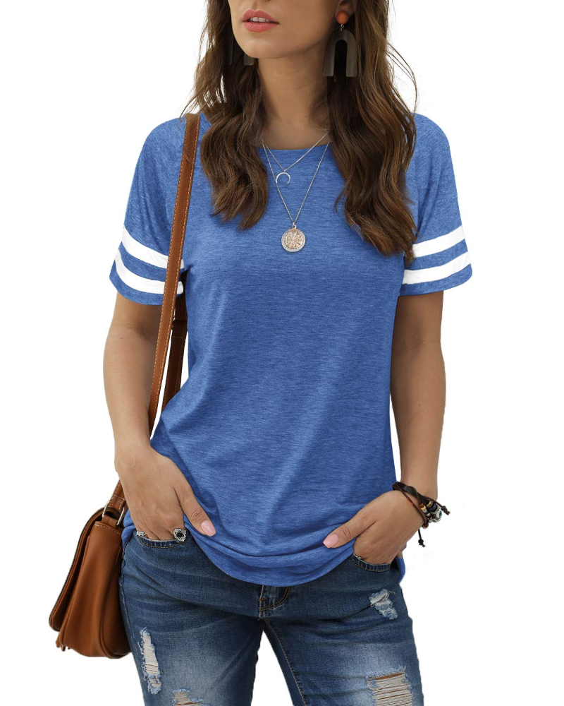 Camiseta Chloe para mujer – Top de verano con mangas a rayas, cuello redondo y aberturas laterales