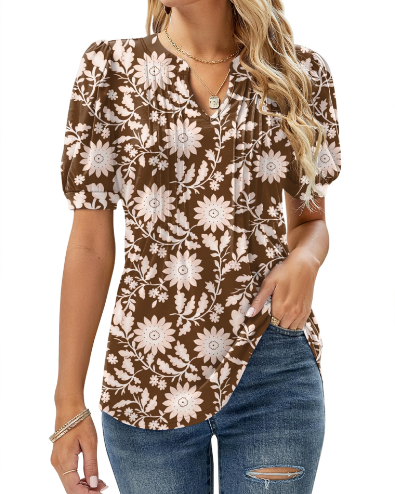 Hazel Top Donna – Blusa túnica floral con escote en V, mangas abullonadas y pliegues