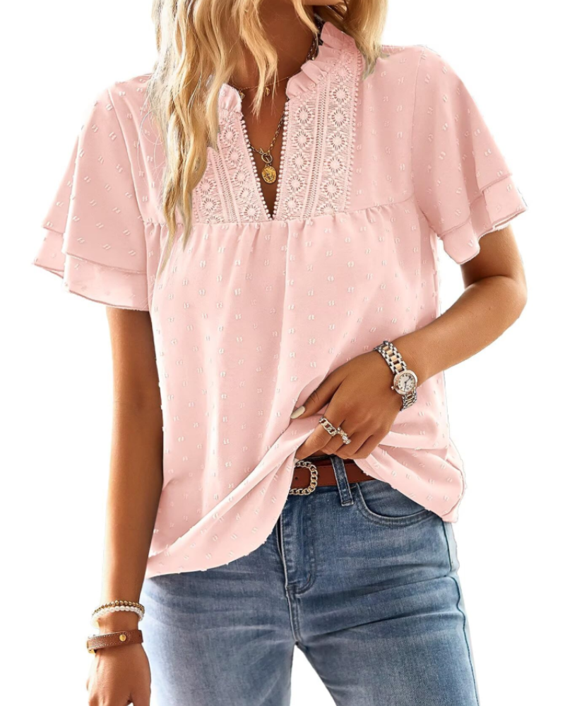 Blusa Lena para mujer – Top elegante con escote en V, encaje de ganchillo, mangas con volantes y detalles Swiss Dot