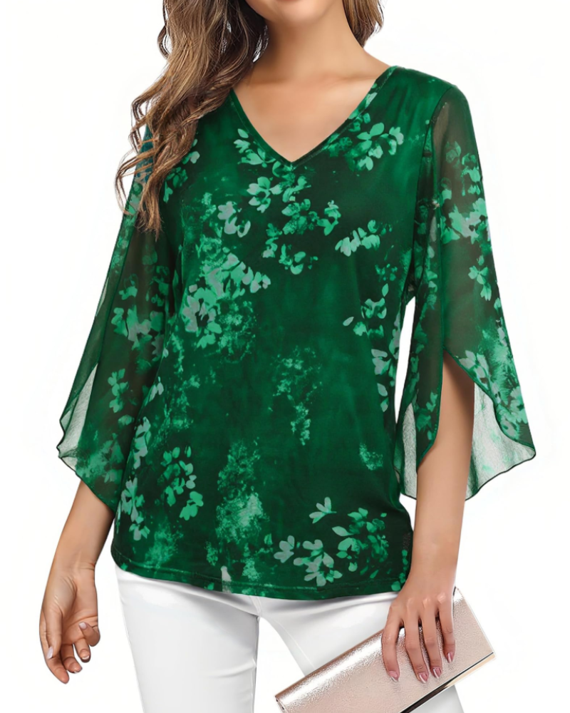 Naomi Blusa Donna – Top Floreale con Scollo a V, Maniche 3/4 a Volant & Doppio Strato