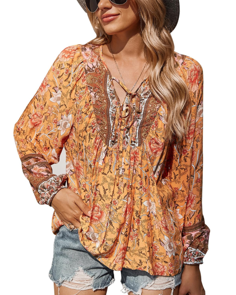 Diana Blusa Donna – Top bohemio floral de viscosa con escote en V y mangas abullonadas