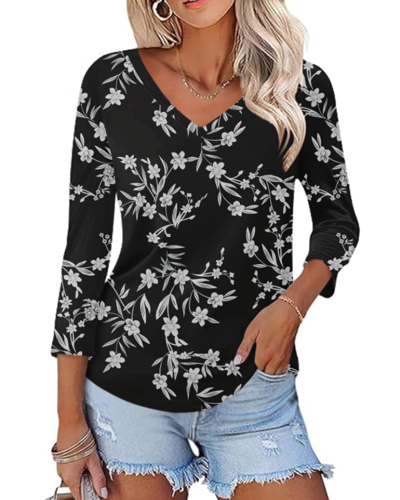 Camila Top Donna – Blusa con escote en V, mangas 3/4 y estampado floral