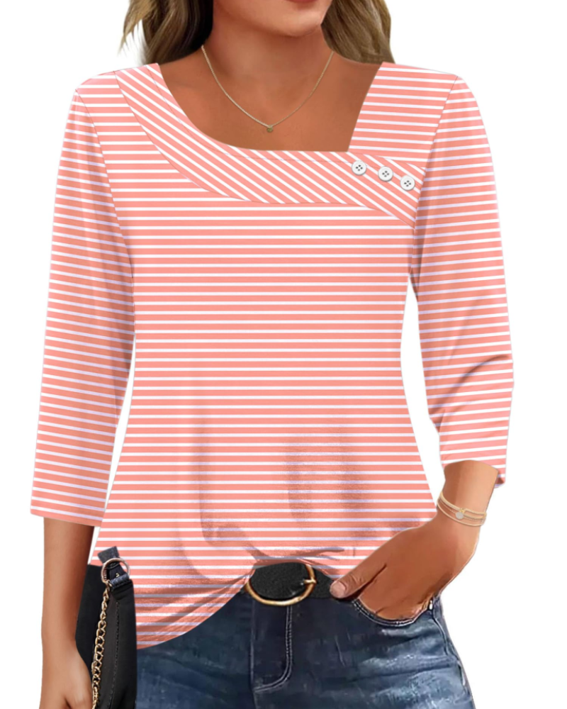 Elisa Blusa Mujer – Top Asimétrico con Mangas 3/4, Botones y Tejido Elástico