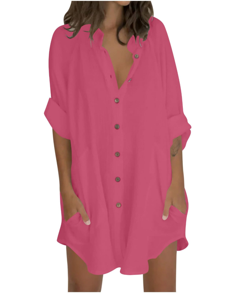 Emma Blusa Mujer – Camisa Oversize de Algodón y Lino con Mangas 3/4 y Botones