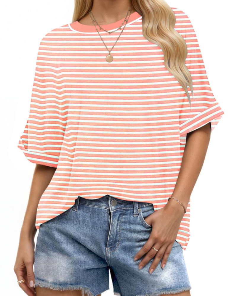 T-shirt Aubrey pour femme – Top oversize avec col rond, manches retroussées et coupe ample