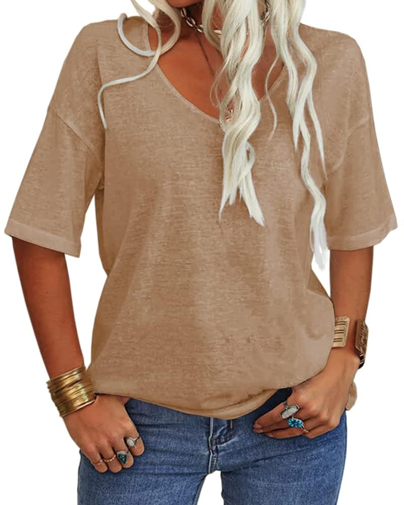 T-shirt Amelia pour femme – Haut avec col en V, manches mi-longues et coupe décontractée