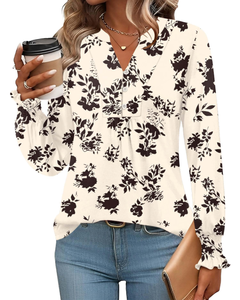 Freya Blusa Donna – Top floral con escote en V, mangas largas y dobladillo plisado