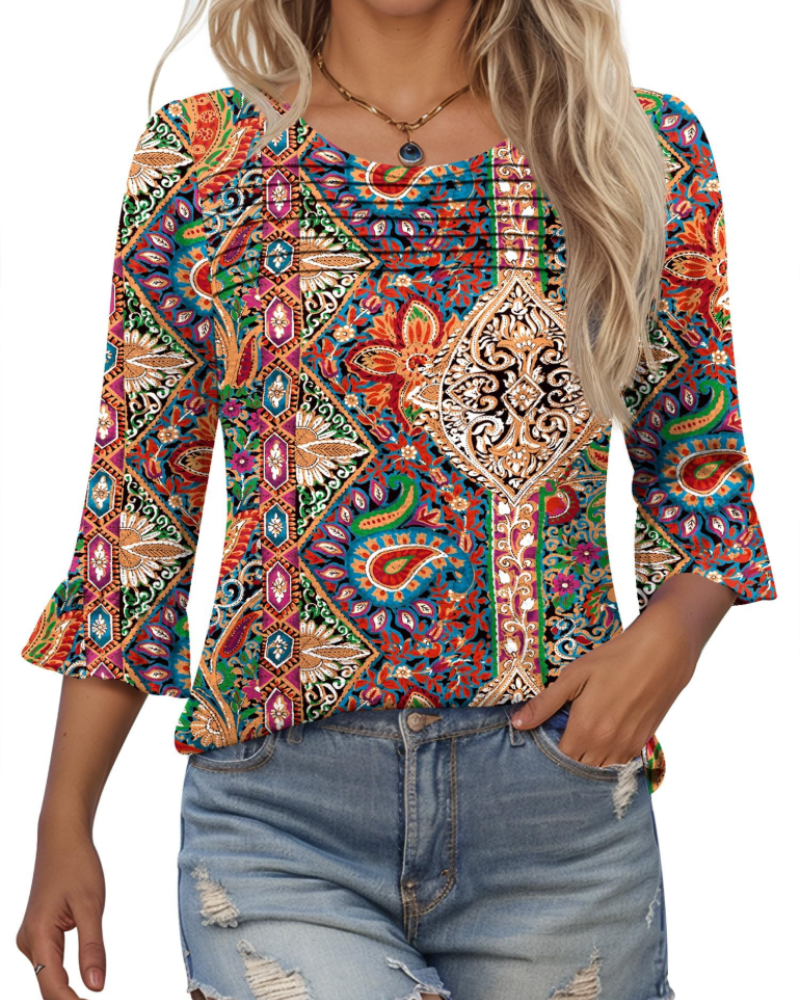 Clara Blusa Donna – Top túnica con mangas 3/4 con volantes, cuello redondo y pliegues frontales