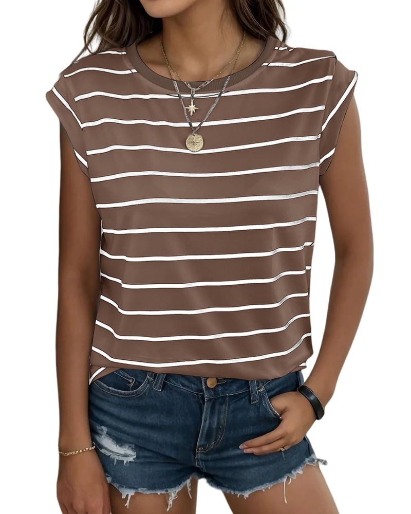 Camiseta Hannah para mujer – Top de rayas con cuello redondo, mangas con volante y ajuste holgado