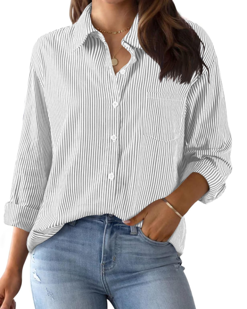 Harper Camisa Mujer – Blusa Oversize de Algodón a Rayas con Botones, Cuello y Bolsillo