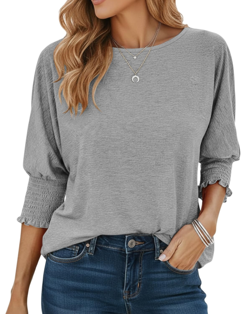 Camiseta Bianca para mujer – Top con cuello redondo, mangas 3/4 y puños fruncidos