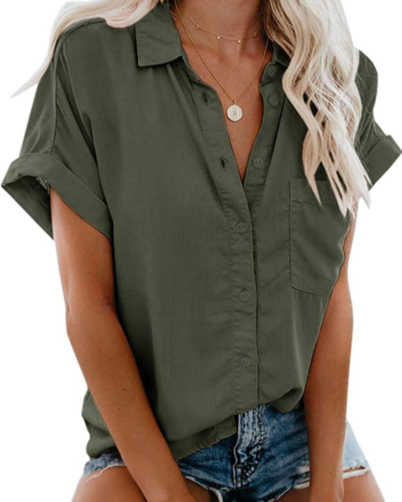 Camille Blusa para mujer – Camisa de algodón con escote en V, botones y bolsillo