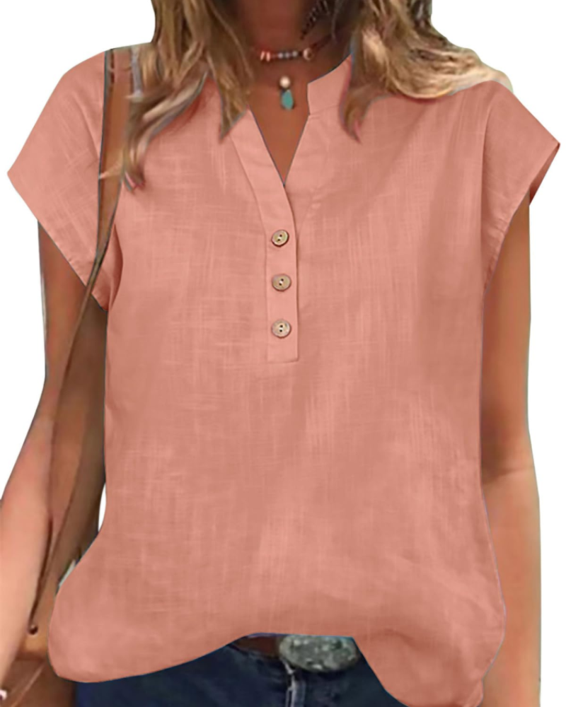 Blusa Julia para mujer – Top de algodón y lino con escote en V, mangas cortas y ajuste holgado