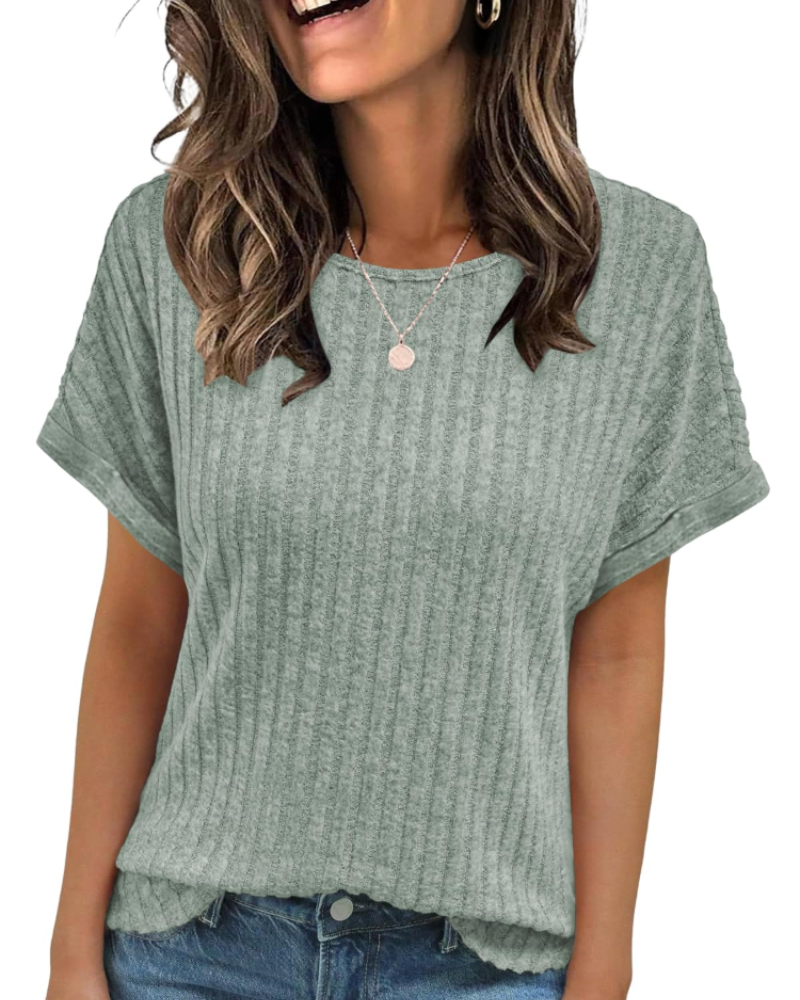 Camiseta Clara para mujer – Top acanalado con cuello redondo, mangas cortas y ajuste versátil