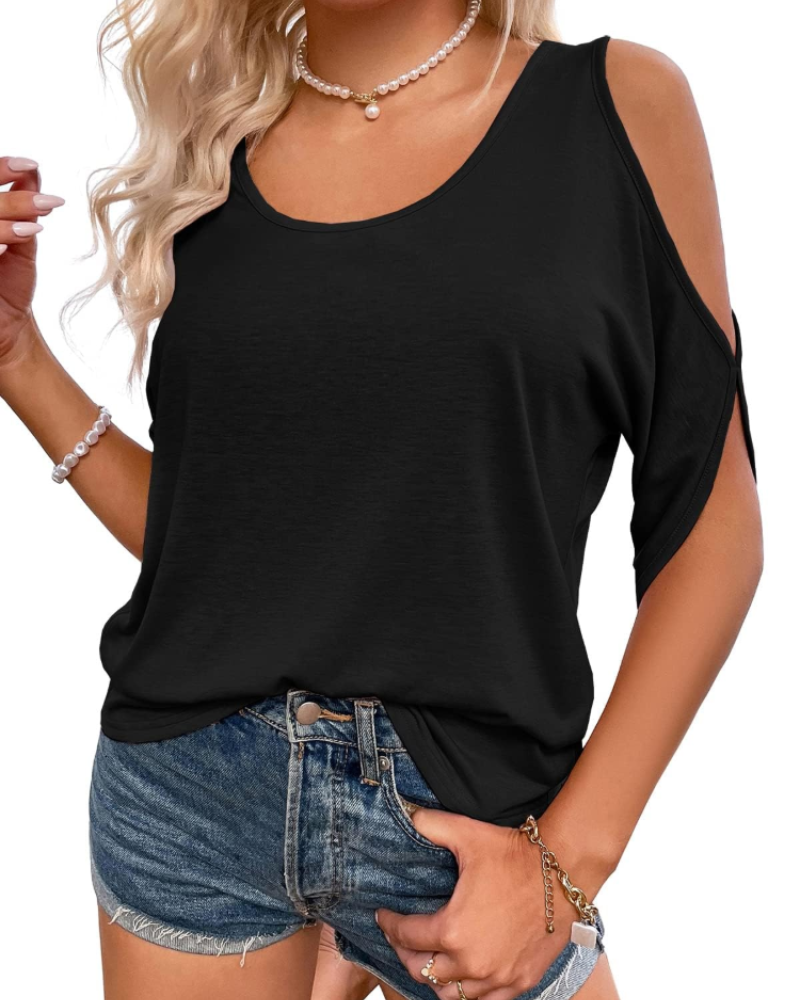 Sophie Top Donna – T-Shirt Cold Shoulder con Scollo Ampio & Nodo sul Retro
