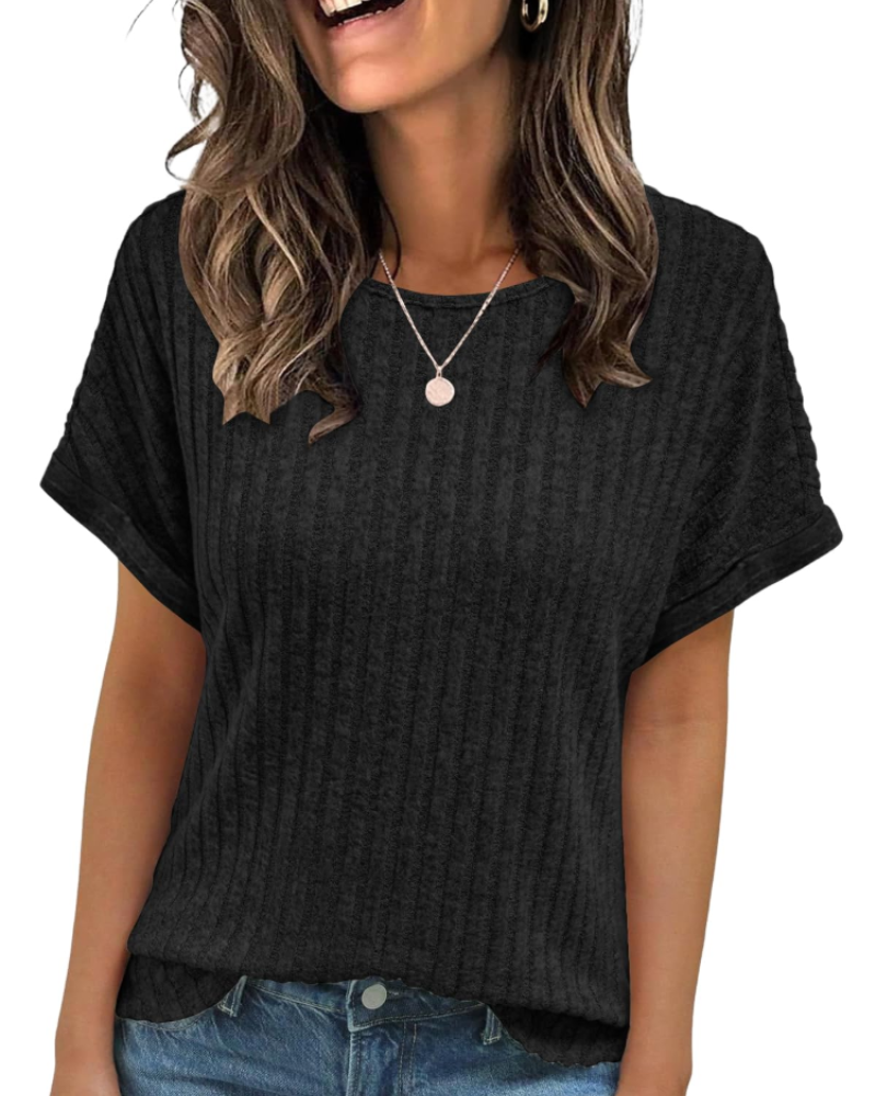 Camiseta Clara para mujer – Top acanalado con cuello redondo, mangas cortas y ajuste versátil