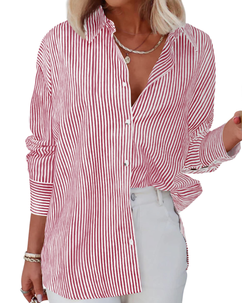 Chloe Camisa Mujer – Blusa a Rayas con Escote en V, Botones y Mangas Largas