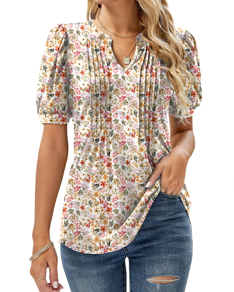 Hazel Top Donna – Blusa túnica floral con escote en V, mangas abullonadas y pliegues