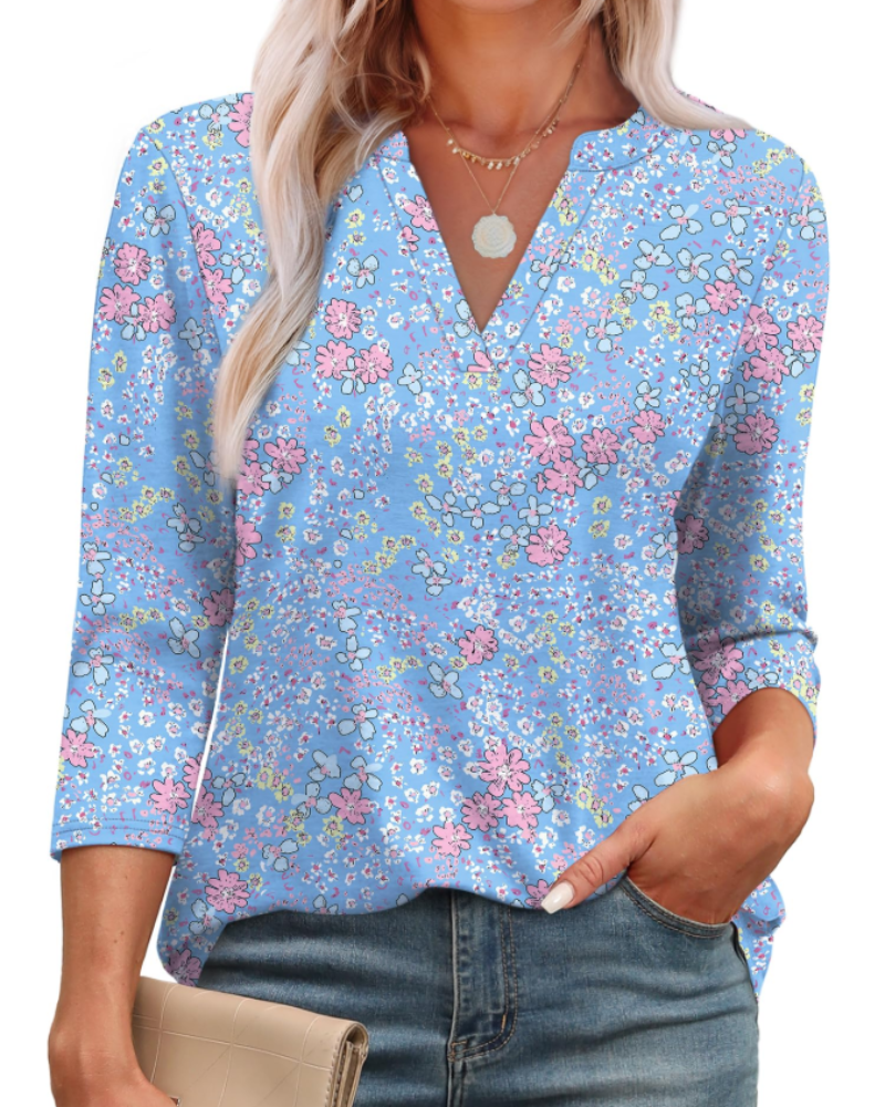 Blusa Lily para mujer – Túnica elegante con escote en V, mangas 3/4 y dobladillo curvo