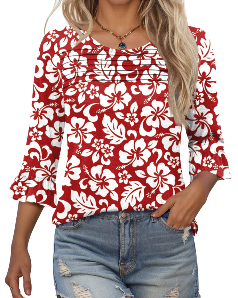 Clara Blusa Donna – Top túnica con mangas 3/4 con volantes, cuello redondo y pliegues frontales