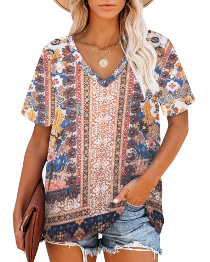 Camiseta Grace para mujer – Top con escote en V, mangas a rayas y ajuste holgado