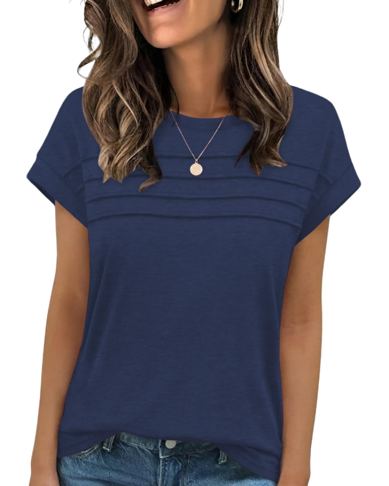 Nora T-Shirt Donna – Top con Girocollo, Pieghe Decorative & Maniche Corte