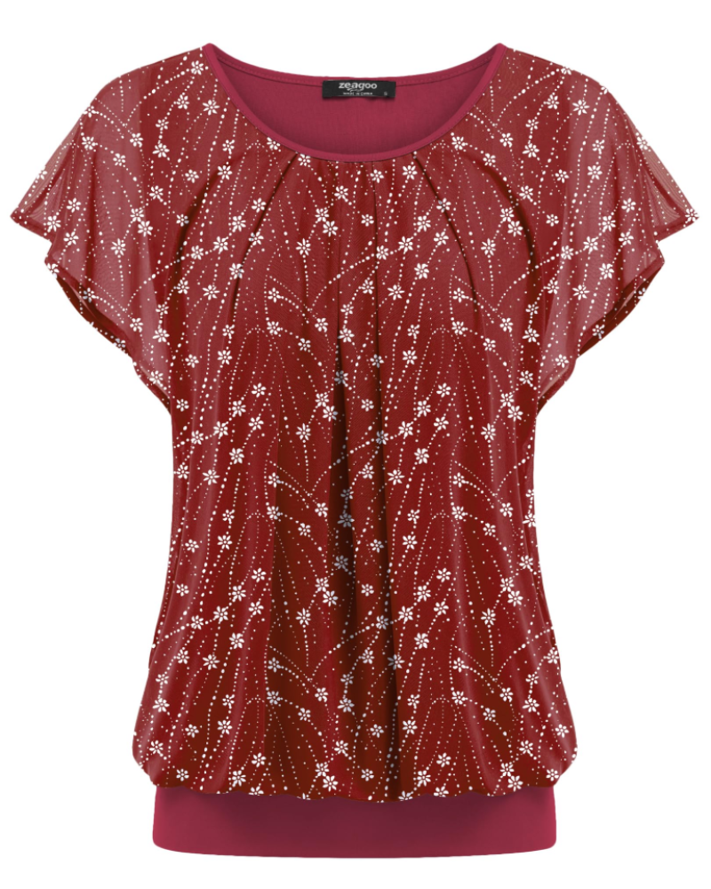 Emily Blusa Mujer – Top de Malla Floral de Doble Capa con Mangas Volantes y Cuello Redondo
