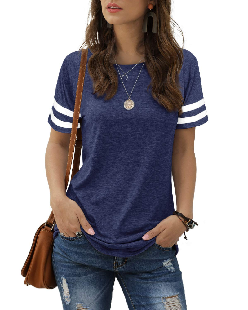 Camiseta Chloe para mujer – Top de verano con mangas a rayas, cuello redondo y aberturas laterales
