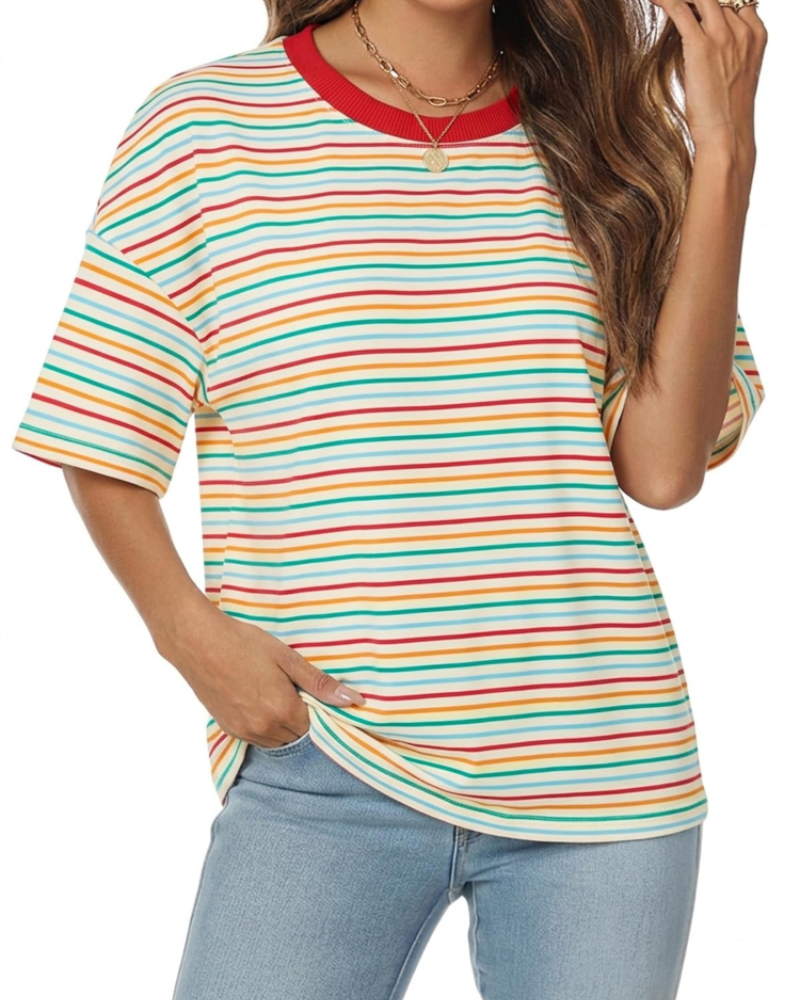 Clara T-shirt til kvinder med striber – Casual rundhalset T-shirt med korte ærmer og løs pasform