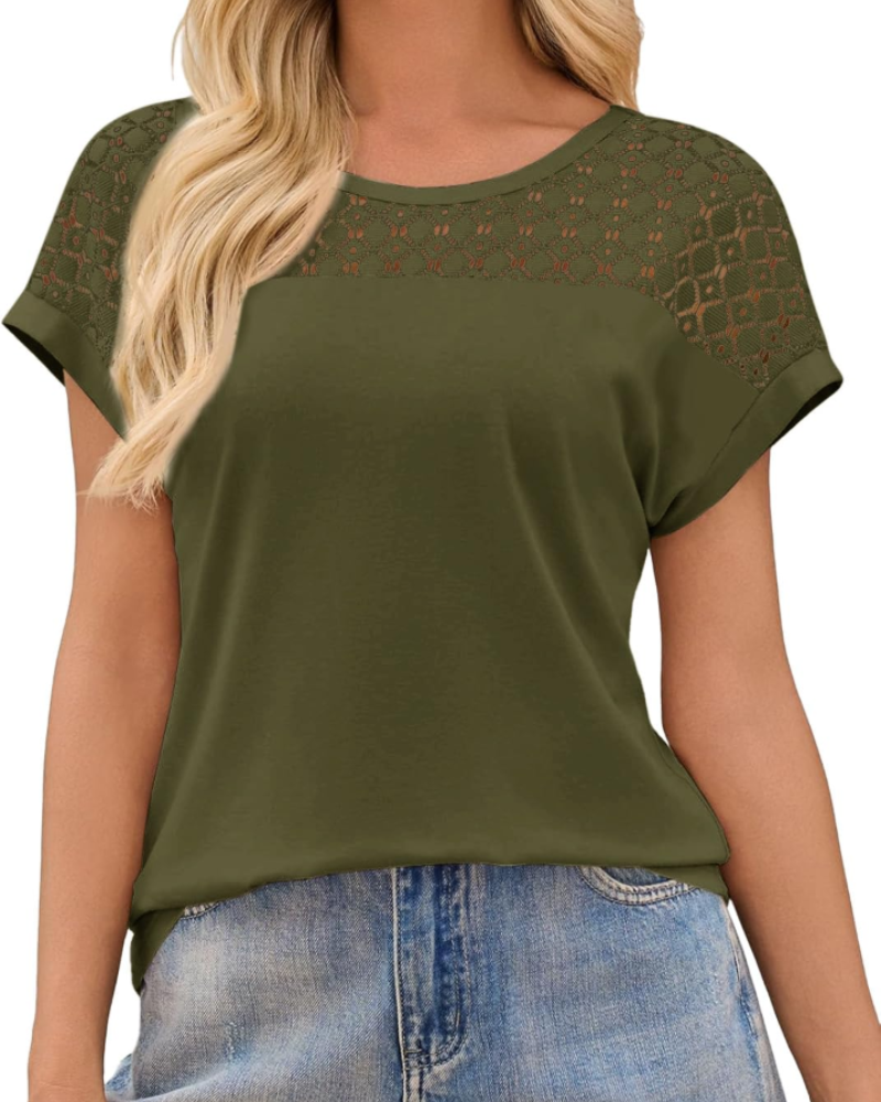 Camiseta Ava para mujer – Top con mangas de encaje, cuello redondo y ajuste holgado